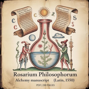 May include: An illustration from the Rosarium Philosophorum, an alchemy manuscript from 1550. The image features a large flask with a plant inside, two figures, scrolls, and the text "Rosarium Philosophorum".
