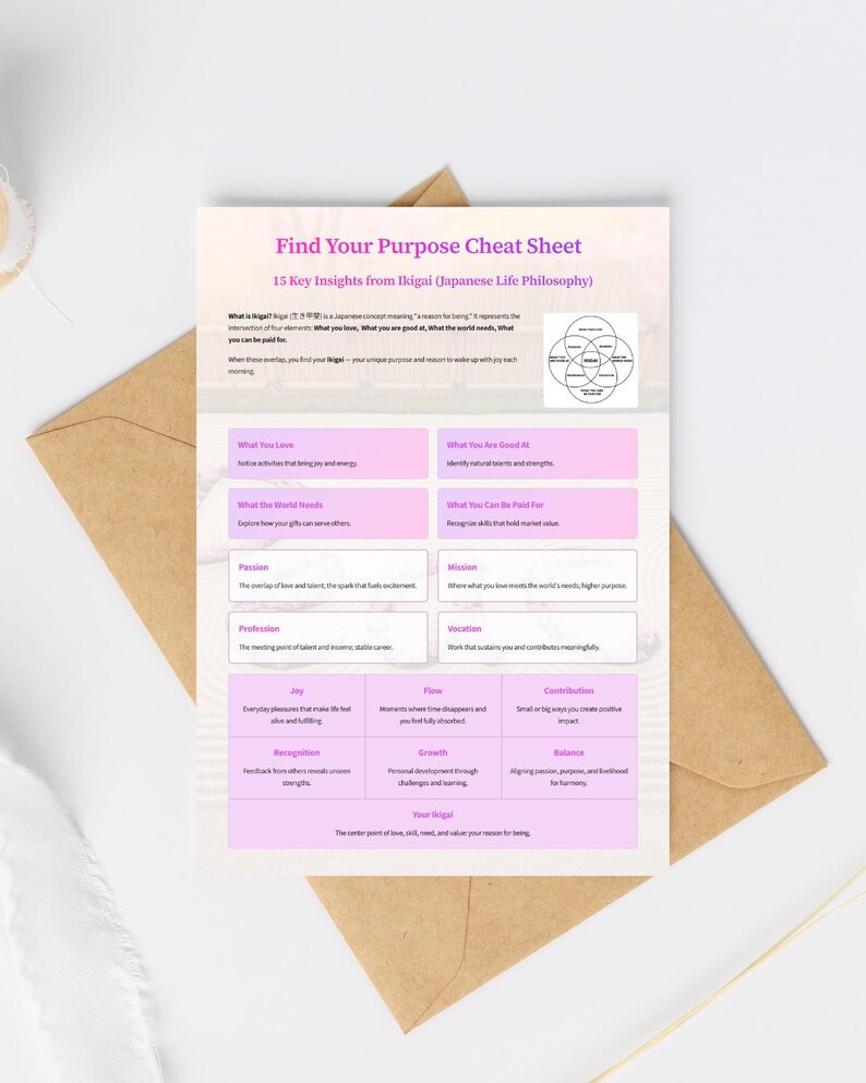 Ikigai Cheat Sheet: Find Your Purpose - Japanese Philosophy (PDF Printable) - Etsy