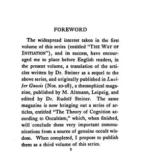 May include: A black and white image of a book page with the heading "FOREWORD". The text describes the publication of a series of articles, including "THE WAY OF INITIATION" and "The Theory of Cognition according to Occultism".
