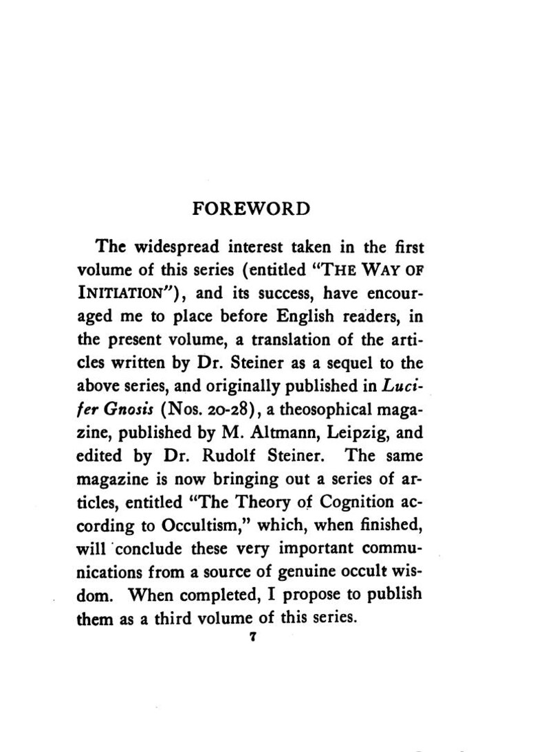 May include: A black and white image of a book page with the heading "FOREWORD". The text describes the publication of a series of articles, including "THE WAY OF INITIATION" and "The Theory of Cognition according to Occultism".