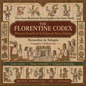 May include: A digital download of The Florentine Codex, a complete 3-volume set titled The Great Illustrated Encyclopedia of the Aztec World. The cover features historical illustrations of Aztec figures, architecture, and text in a beige and brown palette.