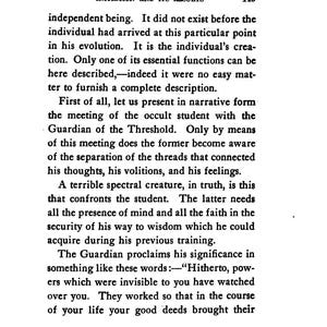 May include: A page from a vintage book titled "INITIATION AND ITS RESULTS" with text describing the meeting of an occult student with the Guardian of the Threshold. The text is in black font on a white background.