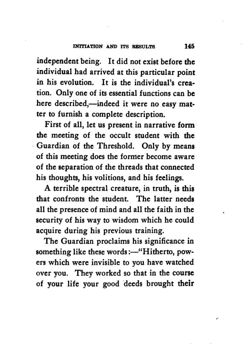 May include: A page from a vintage book titled "INITIATION AND ITS RESULTS" with text describing the meeting of an occult student with the Guardian of the Threshold. The text is in black font on a white background.