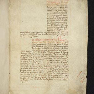 May include: An open book with aged, yellowed pages. The text is handwritten in red ink, with a script that appears to be from a historical period. The book is open to a page with a detailed script.