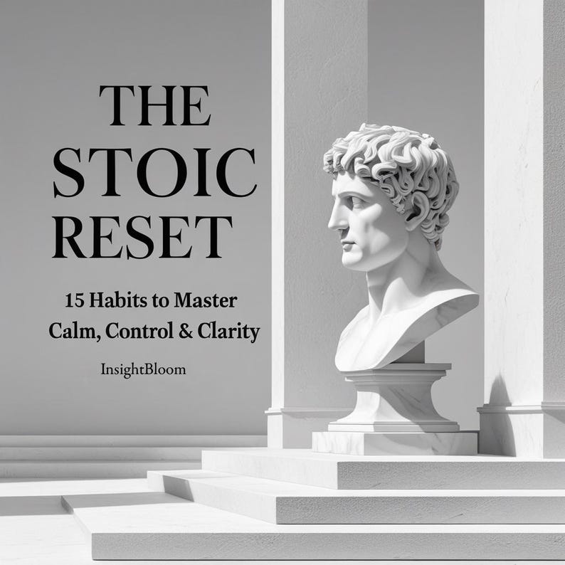 May include: A grayscale image features a white marble bust of a classical figure. The bust is on a pedestal, with the text "THE STOIC RESET" and "15 Habits to Master Calm, Control & Clarity" visible. The InsightBloom logo is also present.