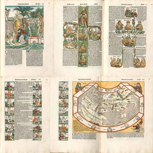 May include: A spread from an antique book featuring colorful illustrations and text. The pages display various scenes, including figures, landscapes, and a world map. The artwork is in shades of green, red, yellow, and blue, with Latin text.