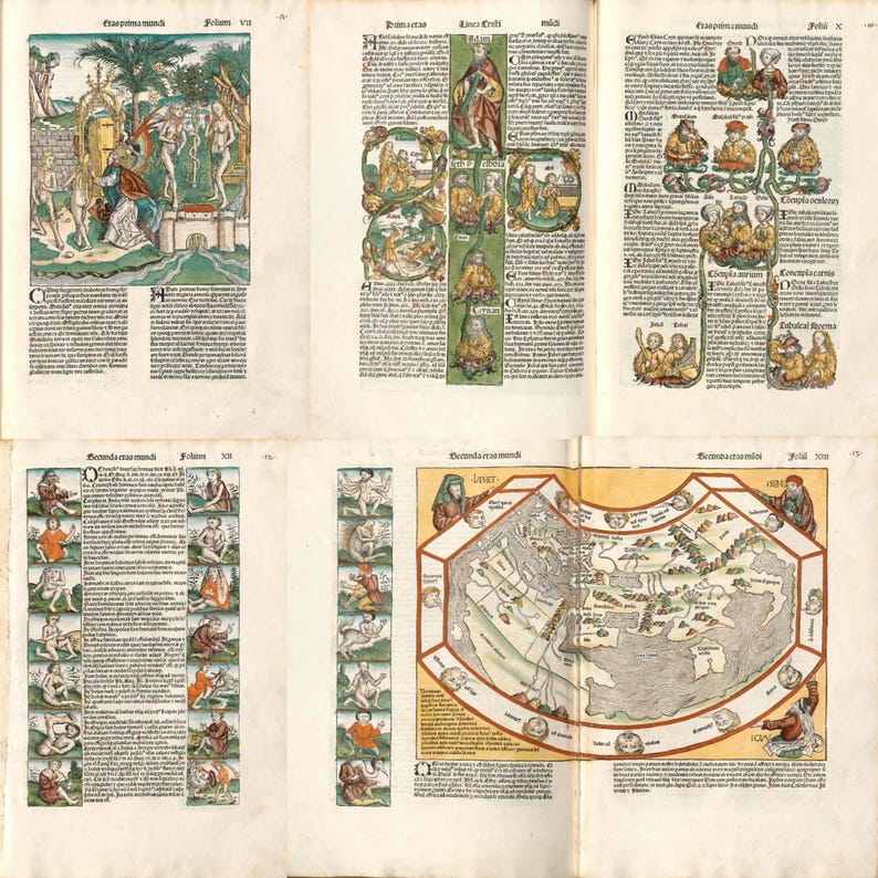 May include: A spread from an antique book featuring colorful illustrations and text. The pages display various scenes, including figures, landscapes, and a world map. The artwork is in shades of green, red, yellow, and blue, with Latin text.