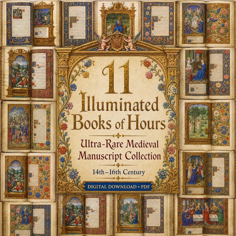 May include: An image showcasing a collection of 11 illuminated books of hours. The books are open, revealing detailed illustrations and ornate borders. The text reads "11 Illuminated Books of Hours, Ultra-Rare Medieval Manuscript Collection, 14th-16th Century, DIGITAL DOWNLOAD &bull; PDF."
