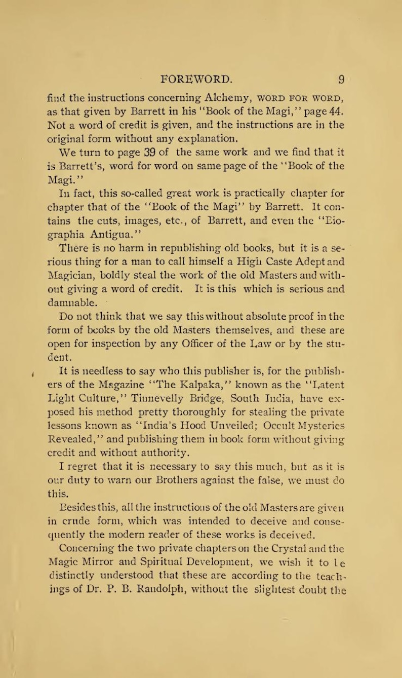 May include: A vintage book page with the title "FOREWORD" and the number 9 at the top. The text discusses alchemy, the "Book of the Magi," and the unauthorized use of material. The page has a cream-colored background with black text.
