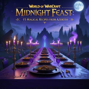 May include: An illustration of a long table set for a feast, with plates of food, purple goblets, and candelabras with lit purple candles. The text reads "World of Warcraft Midnight Feast: 15 Magical Recipes From Azeroth" against a night sky backdrop.