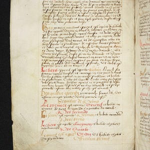 May include: Open book with handwritten text in Latin. The text is in black ink with red ink used for headings and initial letters. The pages are aged and show signs of wear, suggesting the book's age.