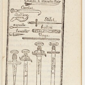 May include: An illustration from a vintage book page, featuring various tools and weapons. The image includes labeled drawings of a knife, crochet hook, stiletto, and swords. The text includes French terms like "Couteau" and "Verge."