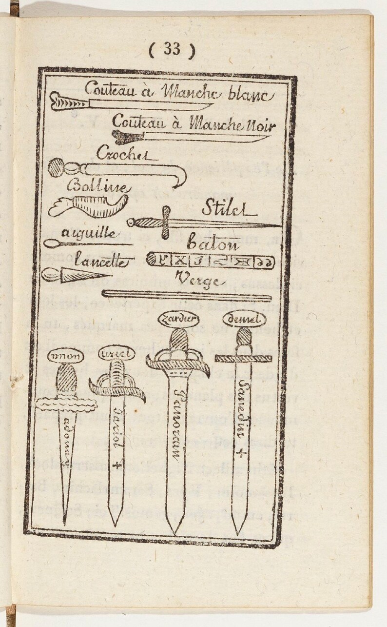 May include: An illustration from a vintage book page, featuring various tools and weapons. The image includes labeled drawings of a knife, crochet hook, stiletto, and swords. The text includes French terms like "Couteau" and "Verge."
