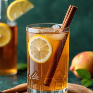K&ouml;nnte beinhalten: Ein erfrischendes Getr&auml;nk in einem klaren Glas mit Eis, einer Zitronenscheibe und einem Zimtstange. Eine Flasche mit einer Zitronenscheibe und einem Pfirsich sind im Hintergrund. Das Getr&auml;nk steht auf einem Holzuntersetzer.