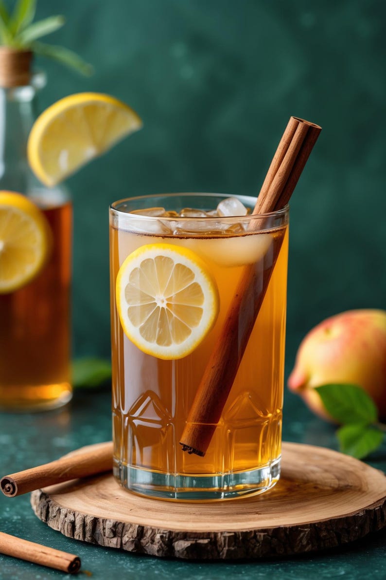 K&ouml;nnte beinhalten: Ein erfrischendes Getr&auml;nk in einem klaren Glas mit Eis, einer Zitronenscheibe und einem Zimtstange. Eine Flasche mit einer Zitronenscheibe und einem Pfirsich sind im Hintergrund. Das Getr&auml;nk steht auf einem Holzuntersetzer.