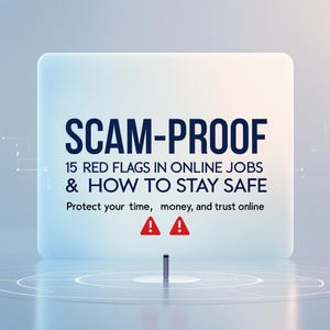 May include: A digital graphic with the words "SCAM-PROOF" in bold, dark blue letters. The text below reads "15 RED FLAGS IN ONLINE JOBS & HOW TO STAY SAFE." Two red exclamation point symbols are present. The graphic is on a light blue background.