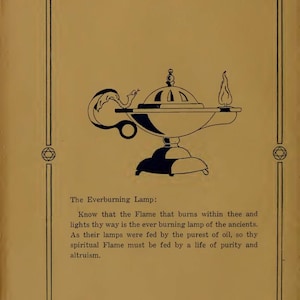 May include: A vintage book page illustration showing a blue and white lamp with a flame. The text reads "The Initiates of the Flame" and "The Everburning Lamp:" on a tan background, with decorative borders.