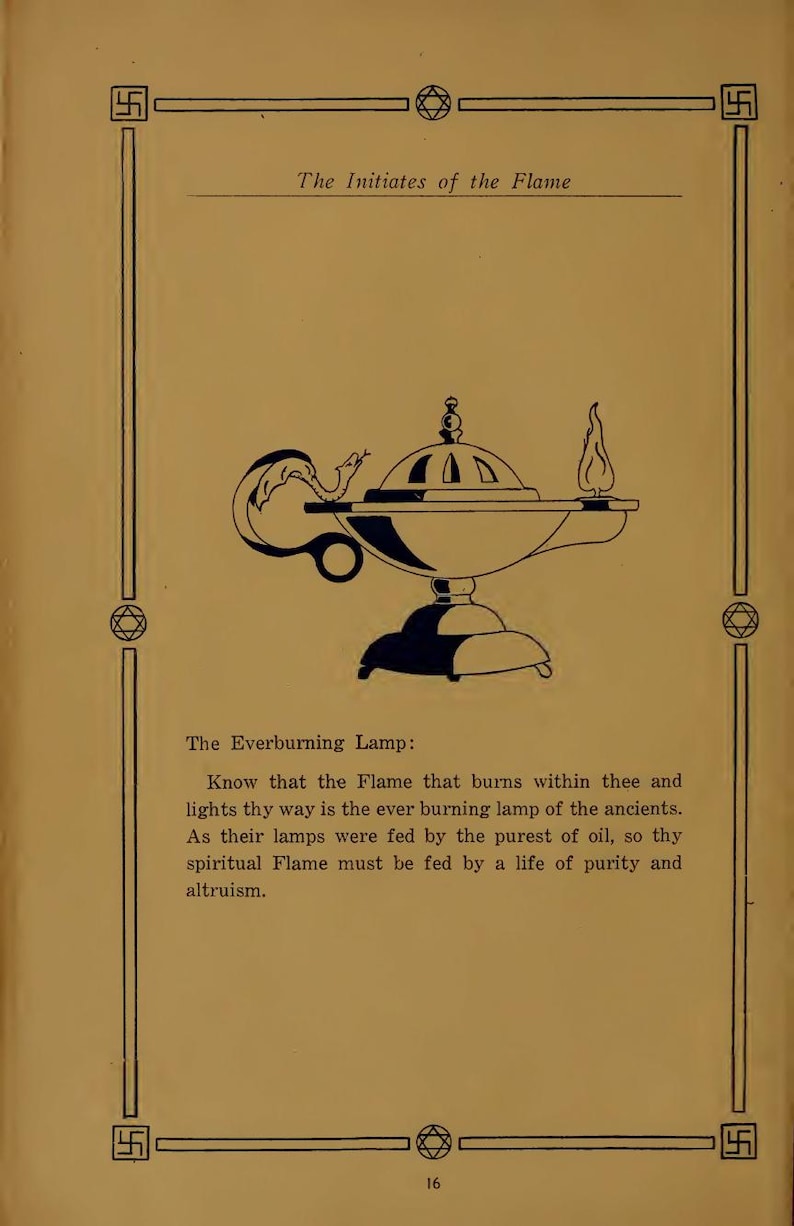May include: A vintage book page illustration showing a blue and white lamp with a flame. The text reads "The Initiates of the Flame" and "The Everburning Lamp:" on a tan background, with decorative borders.