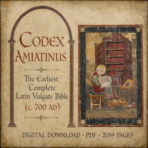 Puede incluir: Descarga digital del Codex Amiatinus, la Biblia Vulgata latina completa más antigua, c. 700 d.C. La imagen presenta el texto "Codex Amiatinus" y una ilustración de una persona leyendo. El archivo digital contiene 2059 páginas.