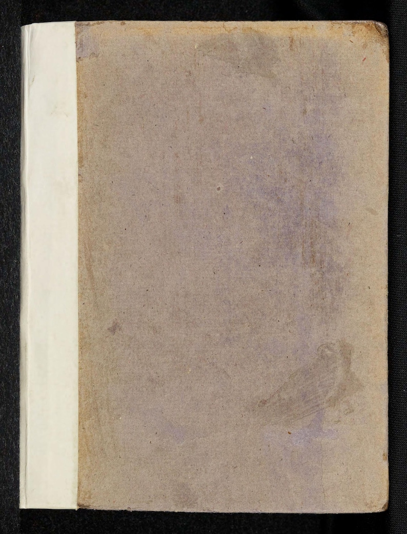 May include: A vintage book with a worn, tan cover and a white spine. The cover shows signs of age with subtle purple and brown discoloration. The spine is clean and white, contrasting with the aged cover. The book is set against a dark background.