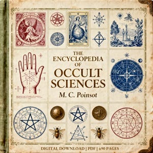 Könnte beinhalten: Ein Buchcover für "The Encyclopedia of Occult Sciences" von M.C. Poinsot im Vintage-Stil. Es zeigt Illustrationen von Tarotkarten, Symbolen und einem Handlesediagramm. Das Cover hat ein gealtertes Aussehen mit einem grünen Buchrücken.
