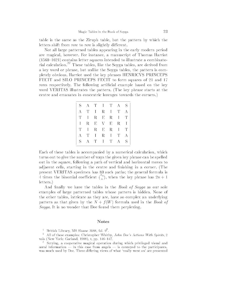 May include: A page from a book titled Magic Tables in the Book of Soyga, page 23, featuring text about historical manuscripts and a seven-by-seven grid of letters spelling VERITAS in a symmetrical pattern, followed by a section of footnotes.