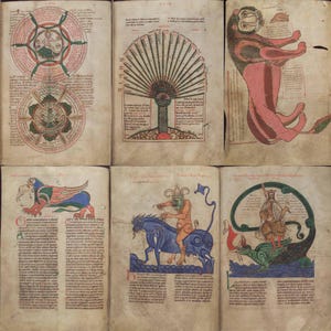 May include: A collection of open books featuring medieval illustrations. The images include a lion-like creature, a tree-like diagram, and figures riding animals. The illustrations are in red, green, and blue on aged parchment pages.