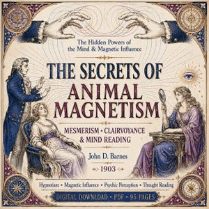 May include: A vintage-style book cover titled The Secrets of Animal Magnetism by John D. Barnes, 1903. The illustration features two people in period clothing, one seated in a chair and one at a table, with hands above and text detailing mesmerism.