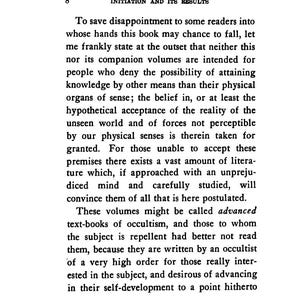 May include: A page from a vintage book titled "INITIATION AND ITS RESULTS." The text is in black ink on aged, cream-colored paper. The page number is 8. The text discusses occultism and the unseen world.