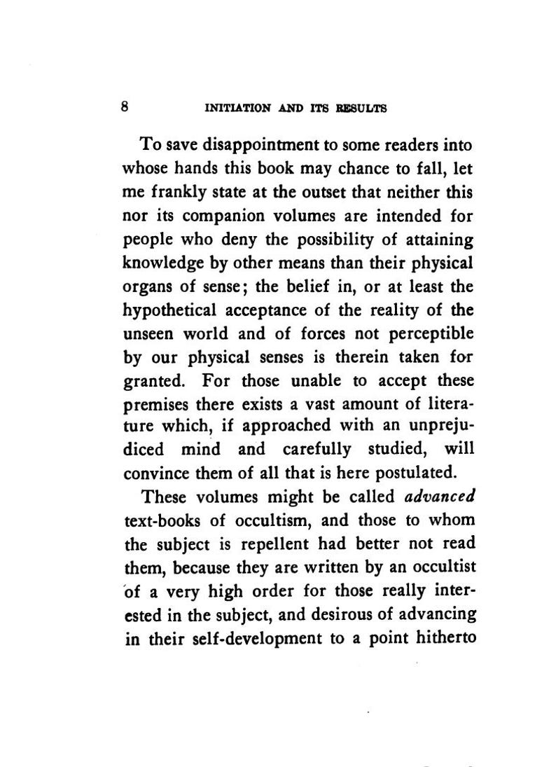 May include: A page from a vintage book titled "INITIATION AND ITS RESULTS." The text is in black ink on aged, cream-colored paper. The page number is 8. The text discusses occultism and the unseen world.