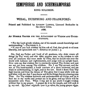 May include: A vintage book page with black text on a cream background. The title "SEMIPHORAS AND SCHEMHAMPORAS" is prominently displayed. The text includes a prayer and biblical verses. The page is from the "Sixth and Seventh Books of Moses."