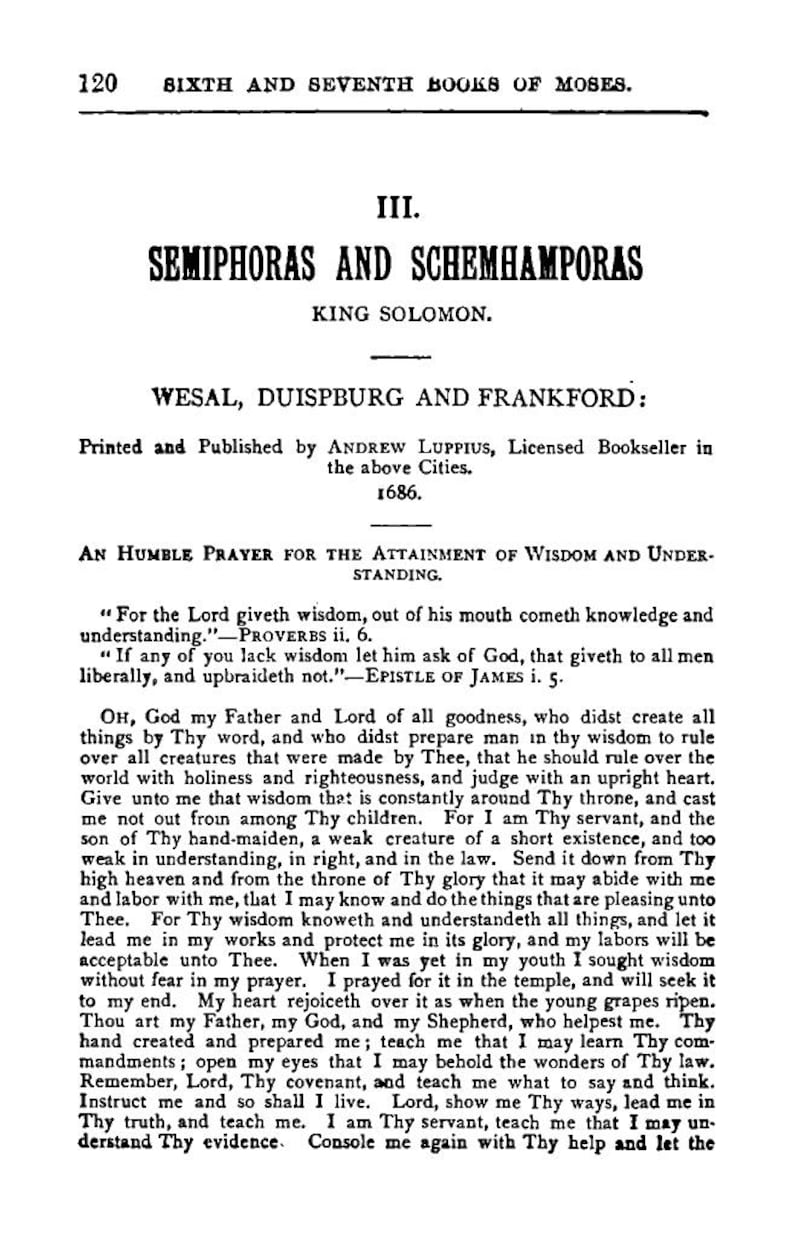May include: A vintage book page with black text on a cream background. The title "SEMIPHORAS AND SCHEMHAMPORAS" is prominently displayed. The text includes a prayer and biblical verses. The page is from the "Sixth and Seventh Books of Moses."
