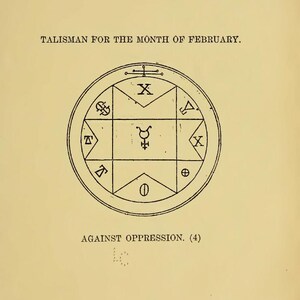 May include: A page from a book titled "Imperial Ritual of Magic" with text and a circular talisman illustration. The text includes "Talisman for the Month of February" and "Against Oppression."