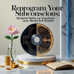 Puede incluir: Imagen con el texto "Reprograma Tu Subconsciente: 150 Cambios de Creencias para Transformar Amor, Dinero y Crecimiento." Se ven una flor rosa, monedas de oro y un diseño circular negro y dorado.