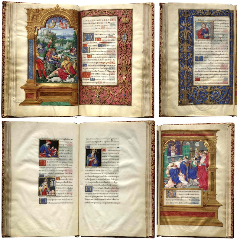 May include: A collection of antique illuminated manuscripts. The open books display colorful illustrations and ornate borders. The pages feature detailed artwork and handwritten text, showcasing historical religious scenes and decorative elements.
