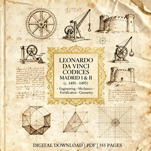 Könnte beinhalten: Ein gealtertes Papier mit Skizzen von technischen Zeichnungen, Festungen und geometrischen Formen. Der Text lautet "LEONARDO DA VINCI CODICES MADRID I & II (c. 1491-1495)" mit den Schlüsselwörtern: Engineering, Mechanik, Festungsbau und Geometrie.