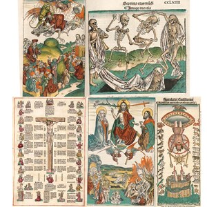 May include: A collection of antique woodcut prints featuring religious and allegorical scenes. The prints depict figures, including skeletons, Jesus on the cross, and other biblical scenes. The prints are in various colors, including red, green, and blue.