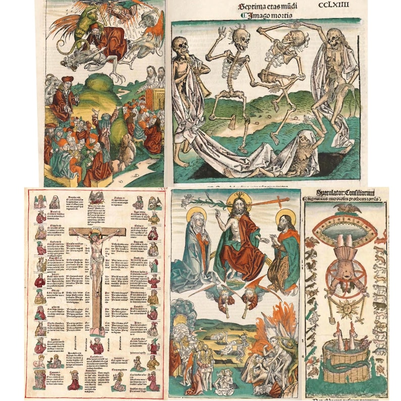 May include: A collection of antique woodcut prints featuring religious and allegorical scenes. The prints depict figures, including skeletons, Jesus on the cross, and other biblical scenes. The prints are in various colors, including red, green, and blue.