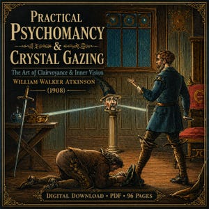 May include: An antique illustration for "Practical Psychomancy & Crystal Gazing" by William Walker Atkinson. The image features a wizard, a kneeling figure, and a floating head. The text includes "Digital Download • PDF • 96 Pages".