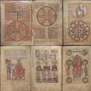 May include: A collection of open medieval manuscript pages. The pages feature colorful illustrations, including circular diagrams with red and green accents, and detailed depictions of figures in religious scenes. The pages are aged with visible text.
