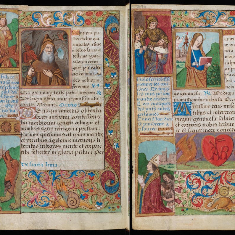 May include: Two open pages of a medieval illuminated manuscript. The pages feature colorful illustrations of figures in historical dress, ornate borders, and handwritten text in Latin. The artwork includes detailed depictions of people, animals, and decorative floral elements.