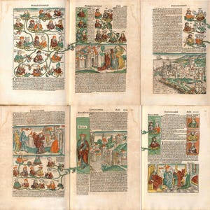 May include: A multi-page spread from an antique book, featuring detailed illustrations and text. The pages display colorful drawings of people, buildings, and landscapes, with handwritten text in a classic font. The book appears to be a historical document.
