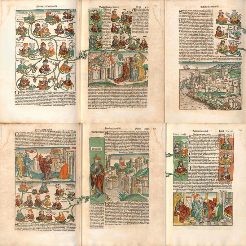 May include: A multi-page spread from an antique book, featuring detailed illustrations and text. The pages display colorful drawings of people, buildings, and landscapes, with handwritten text in a classic font. The book appears to be a historical document.