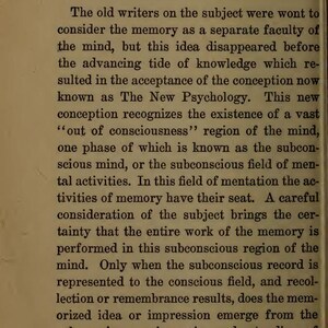 May include: A page from an old book with the title "CHAPTER V." and the subheading "THE SUBCONSCIOUS RECORD-FILE." The text discusses memory and the subconscious mind. The page is aged with a yellowed tone.