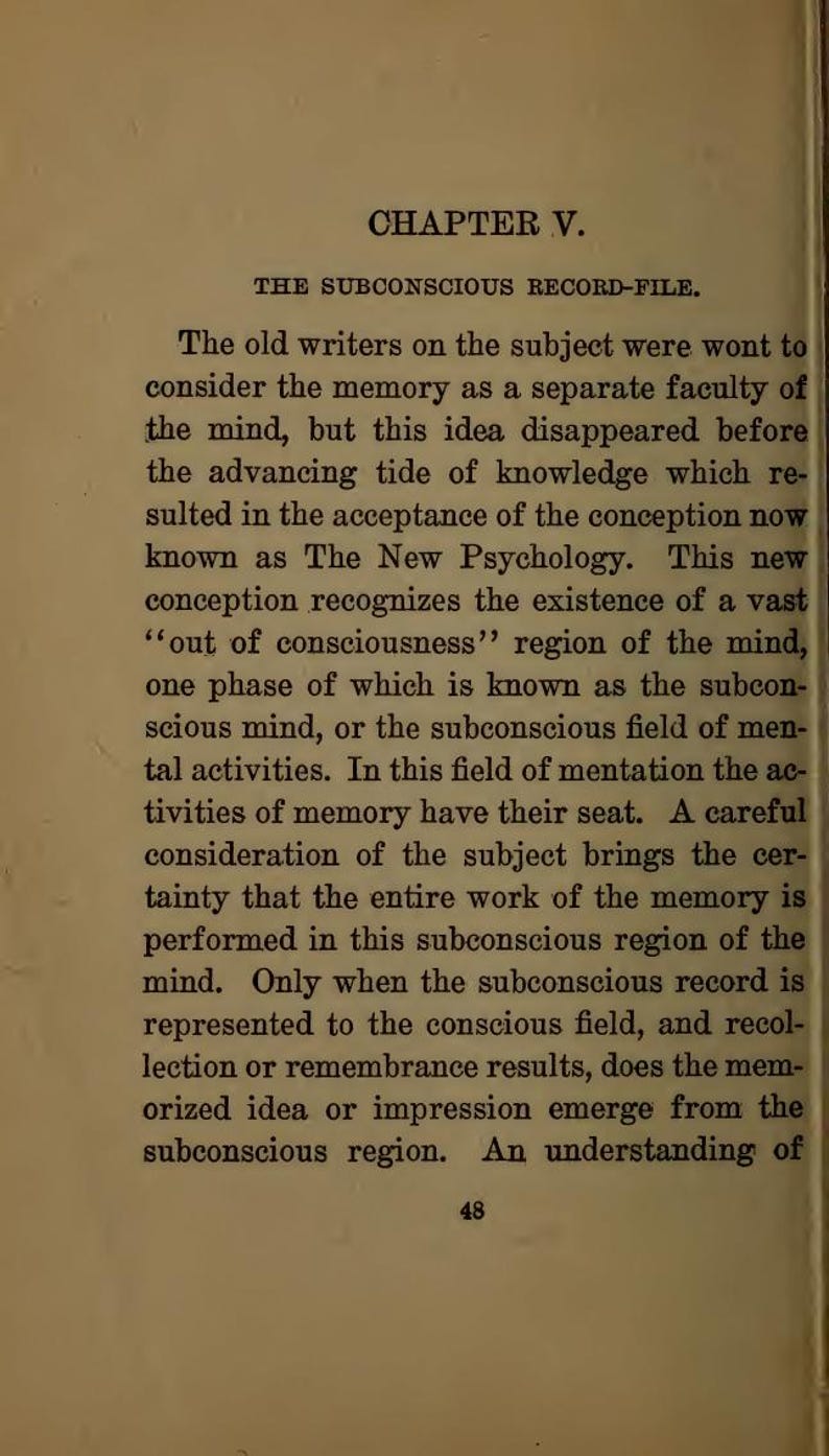 May include: A page from an old book with the title "CHAPTER V." and the subheading "THE SUBCONSCIOUS RECORD-FILE." The text discusses memory and the subconscious mind. The page is aged with a yellowed tone.