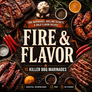 May include: A digital download PDF cookbook titled Fire & Flavor featuring 15 killer BBQ marinades, grilling secrets, and bold flavor recipes. The cover displays grilled steaks, ribs, chicken wings, red chili peppers, garlic, and orange slices.