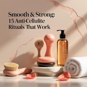 Op de afbeelding: Een stilleven met huidverzorgingsproducten en accessoires. De afbeelding toont een borstel, een massage-instrument, een fles olie, een opgerolde witte handdoek en zeep. De tekst luidt: "Smooth & Strong: 15 Anti-Cellulite Rituals That Work".