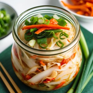 K&ouml;nnte beinhalten: Ein Glas mit Kimchi, einer traditionellen koreanischen Beilage. Das Kimchi besteht aus wei&szlig;em Kohl, orangefarbenen Karotten und gr&uuml;nen Fr&uuml;hlingszwiebeln. Zus&auml;tzliche Fr&uuml;hlingszwiebeln und Karotten befinden sich in kleinen Schalen.