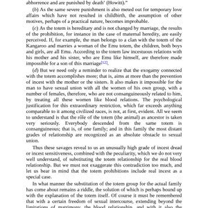 May include: A page of printed text from a book, with paragraphs and footnotes. The text discusses prohibitions, marriage, and incest, with references to totems and family relationships. The text is in black font on a white background.
