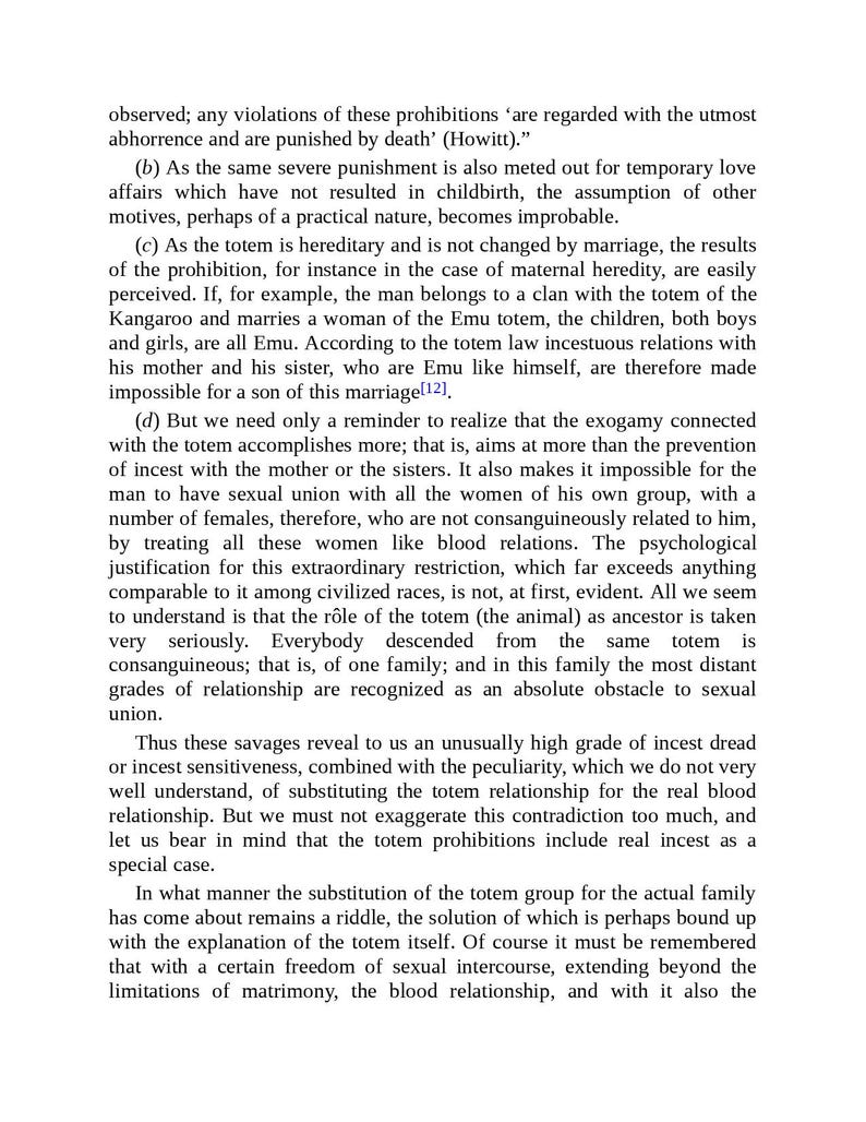 May include: A page of printed text from a book, with paragraphs and footnotes. The text discusses prohibitions, marriage, and incest, with references to totems and family relationships. The text is in black font on a white background.